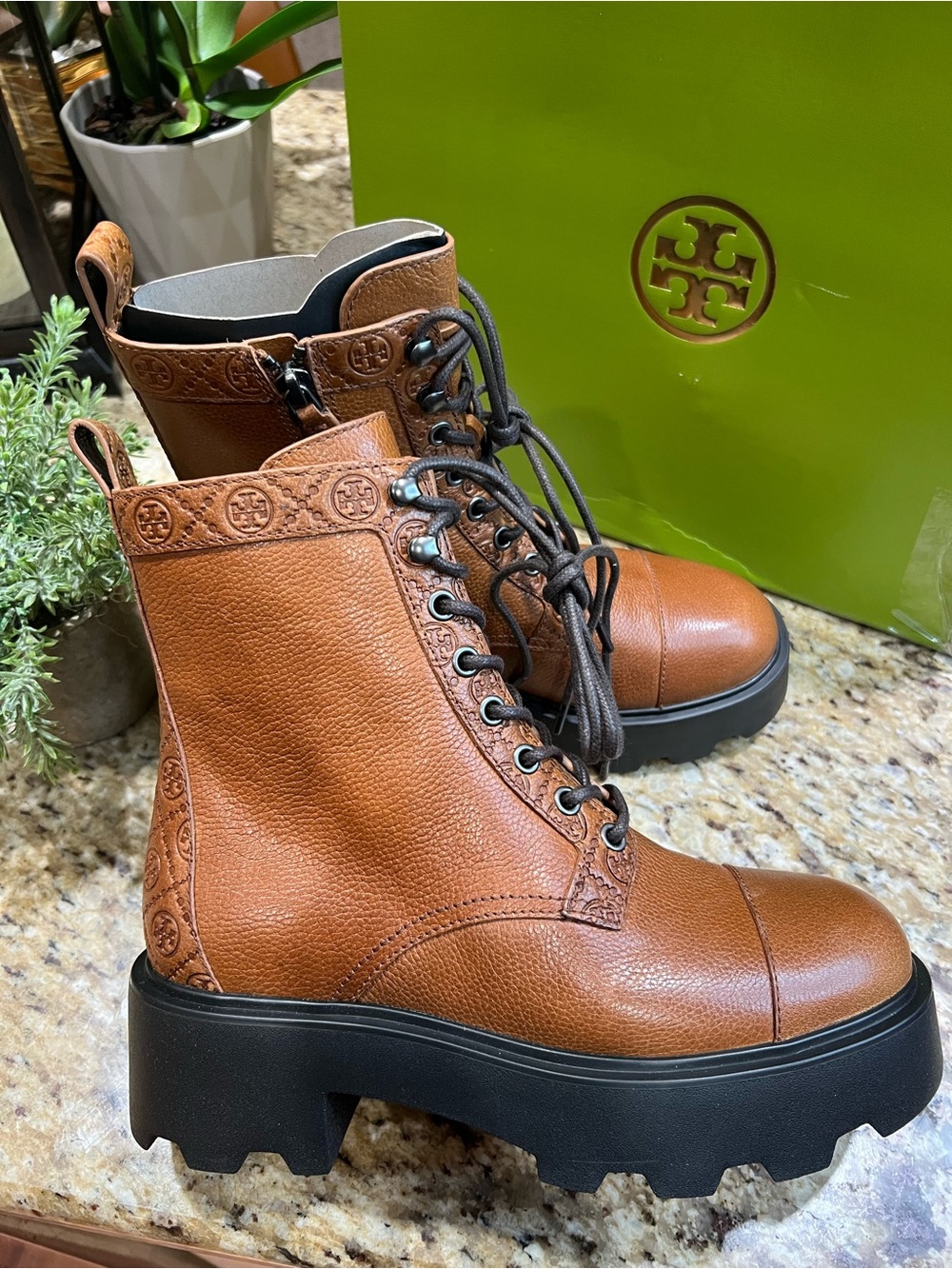 Tory Burch T Monogram Toasted Camel Leather Lace-Up Lug Ankle Boots 7.5M